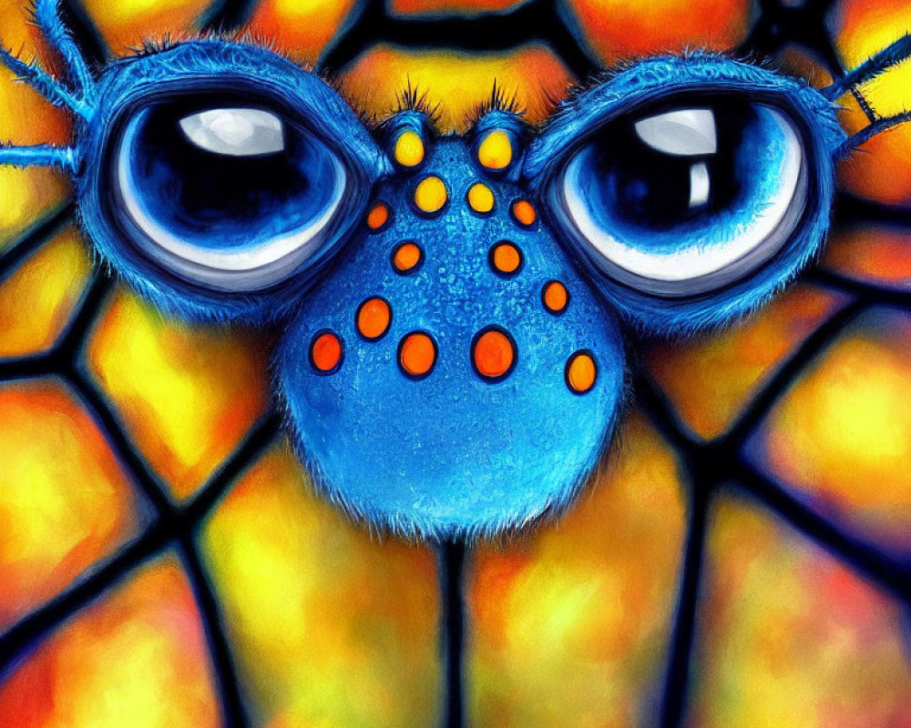 Vibrant close-up illustration of stylized spider face