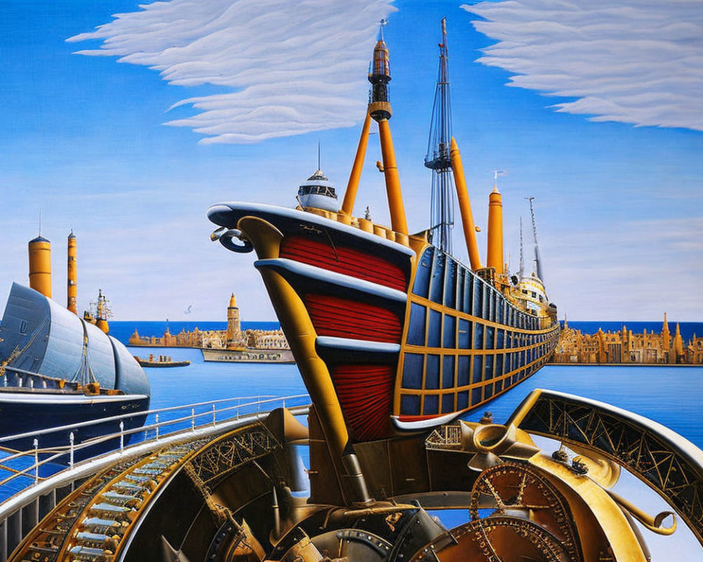 Surrealist painting: classical ship merged with architecture and machinery