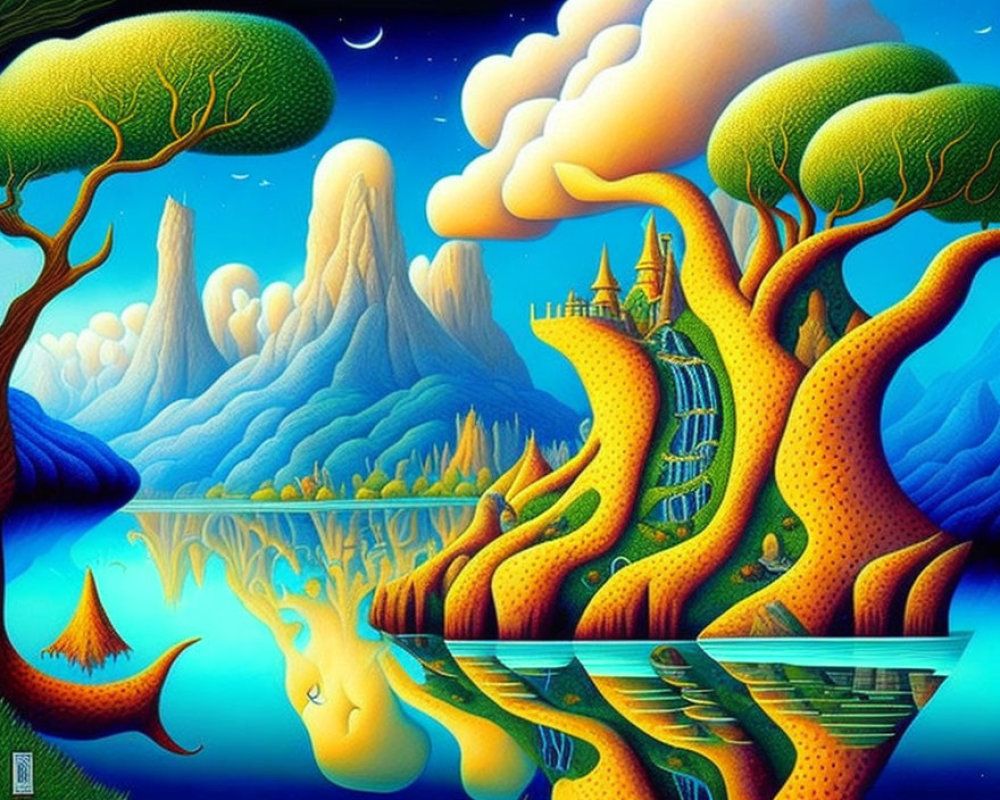 Surreal landscape with trees, castle, water, mountains, and starry sky