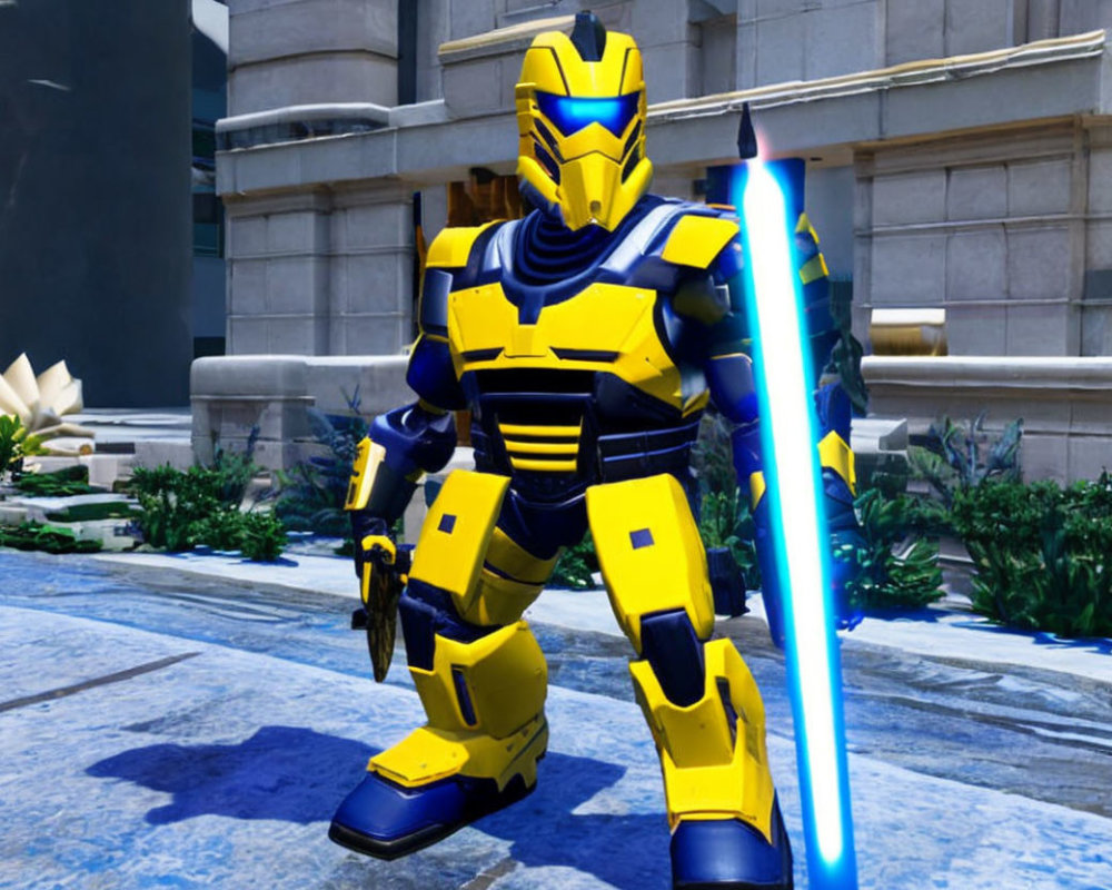 Futuristic armored character with blue energy sword in sunny plaza