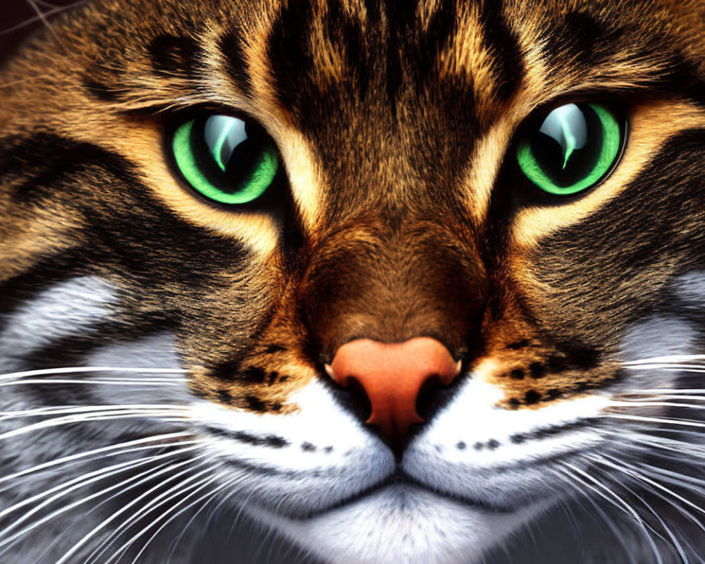 Striped Cat with Green Eyes and Pink Nose in Close-up Shot