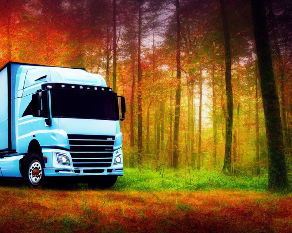 Blue semi-truck parked near vibrant autumn forest