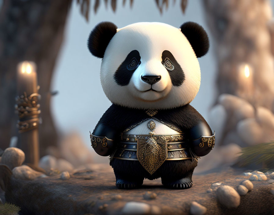 3D-rendered cute panda in medieval armor in dim forest setting