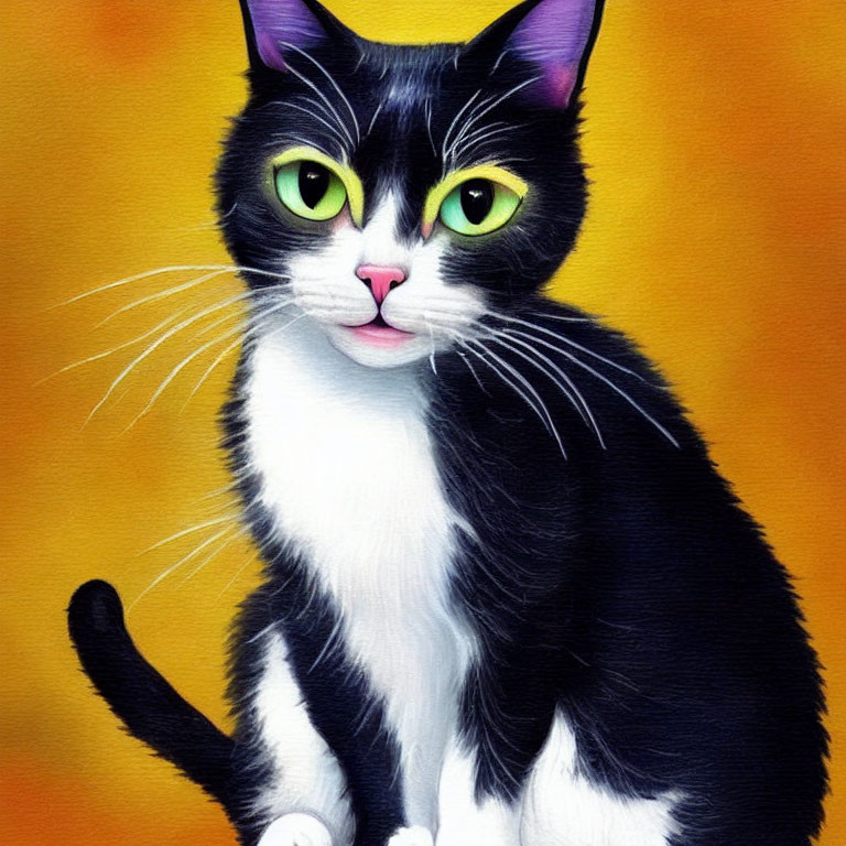 Stylized black and white cat with green eyes on yellow-orange background