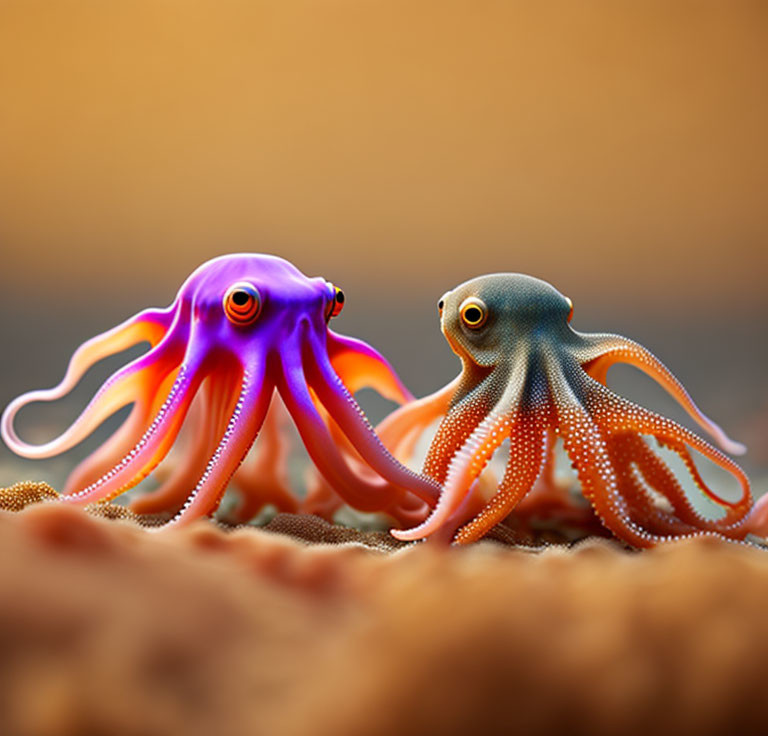 Colorful Cartoon Octopuses on Sandy Seabed with Orange Background