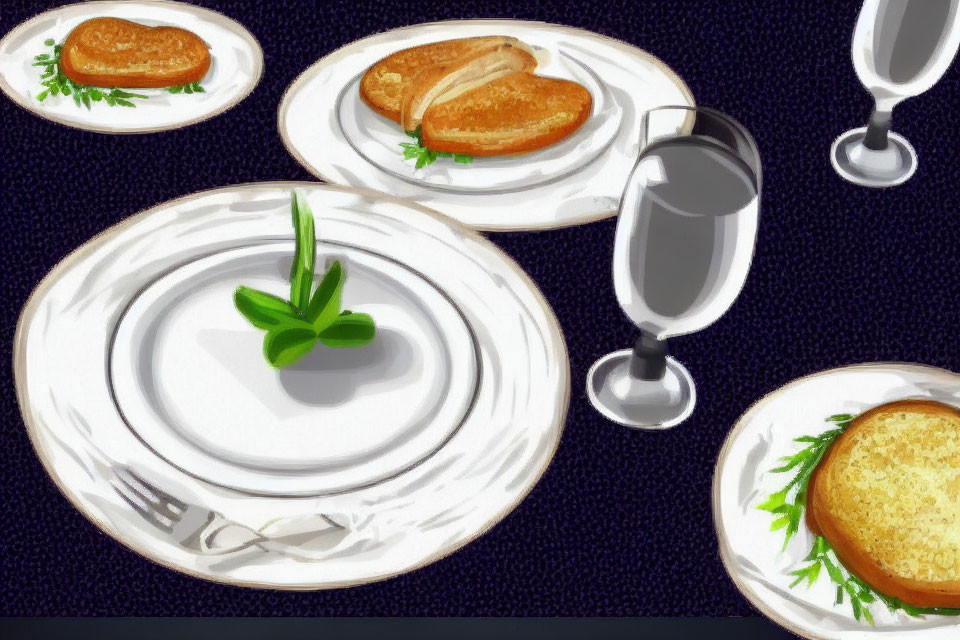 Table Setting with Empty Plates, Glasses, Parsley, Green Napkin, and Toasted Bread S