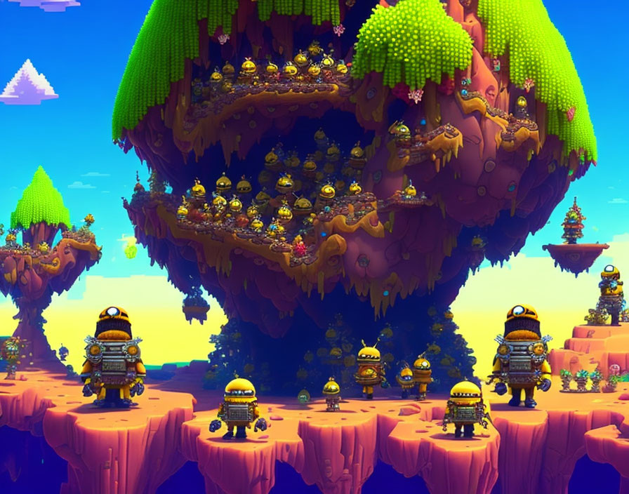 Vibrant floating islands with cartoonish robots in a green landscape