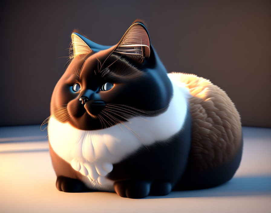 Stylized 3D illustration of plump black and white cat