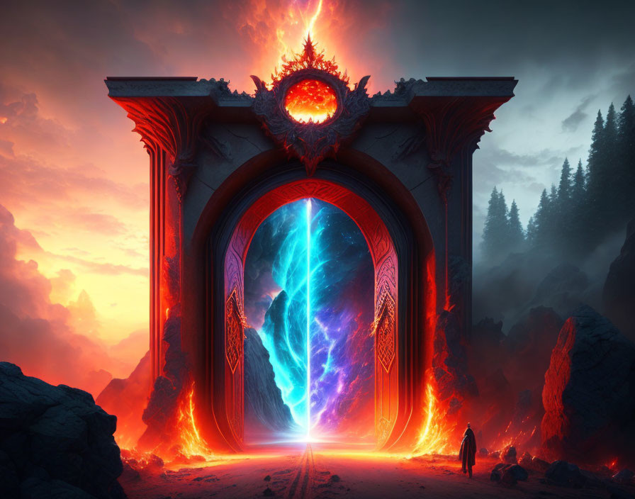 Person standing before fiery archway and blue portal in rocky landscape