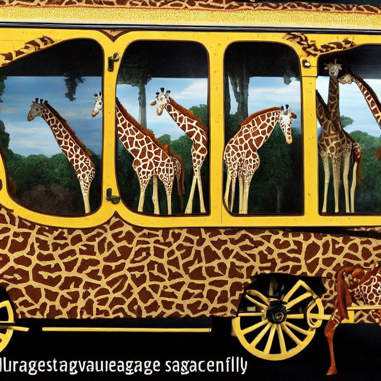 Giraffe-patterned bus with real giraffes peeking out among trees