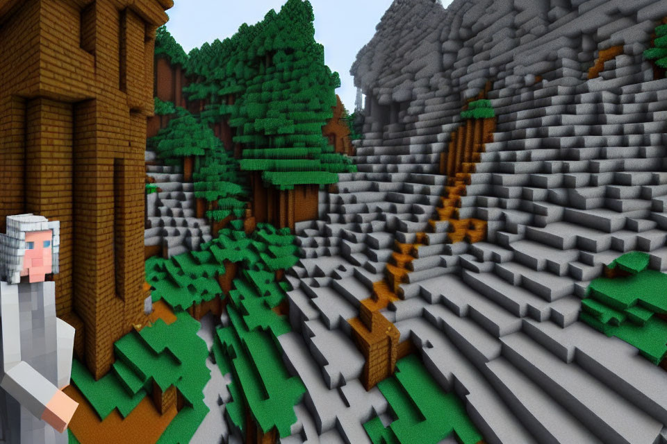 Pixelated Minecraft landscape with trees, mountain, and character.