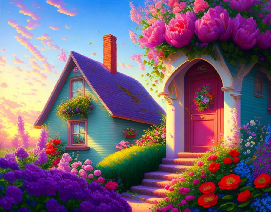 Charming purple door cottage in colorful garden at sunset