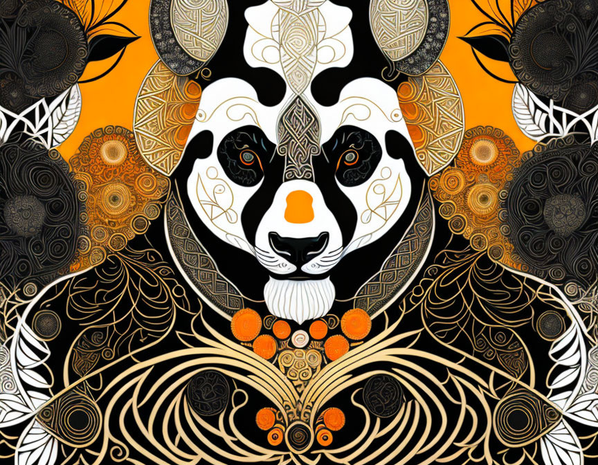 Symmetrical bear illustration with ornate patterns in black, white, and orange tones