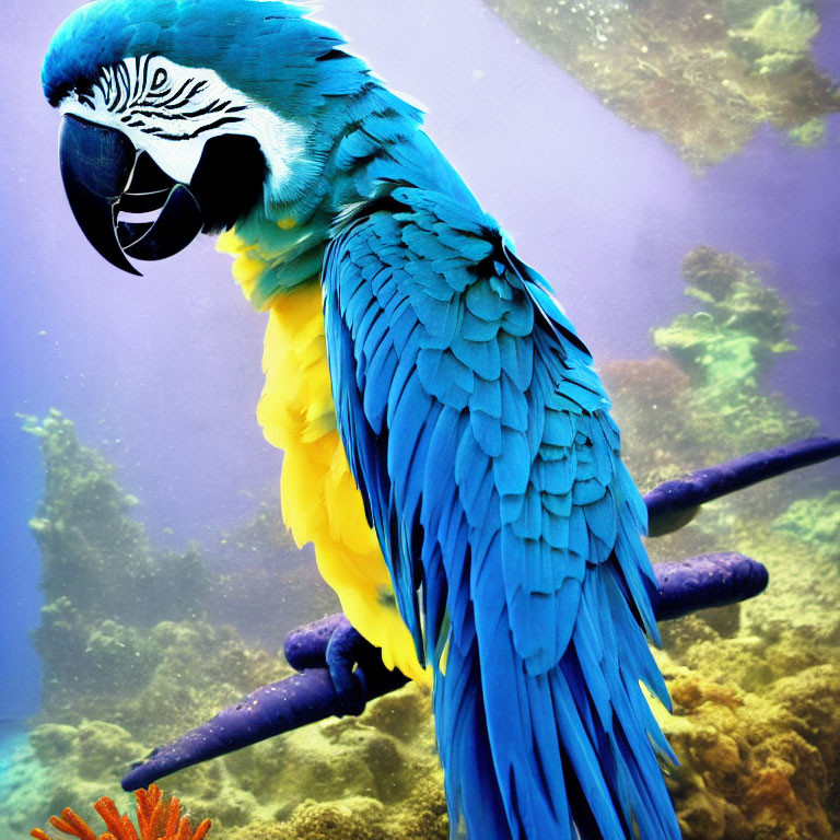 Colorful Macaw Perched Underwater with Coral and Marine Life