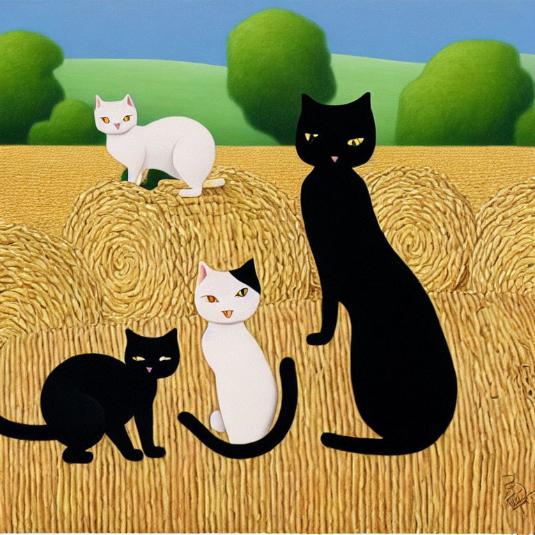 Stylized cats on hay bales in field with hills