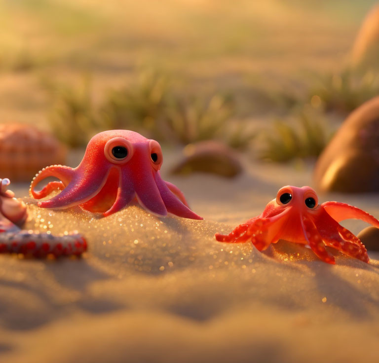 Animated octopuses on sandy seabed with warm, golden light.