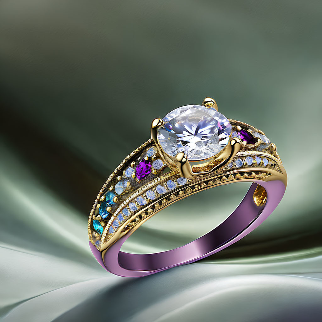 Luxurious Diamond Ring with Colorful Gemstones on Gold Band