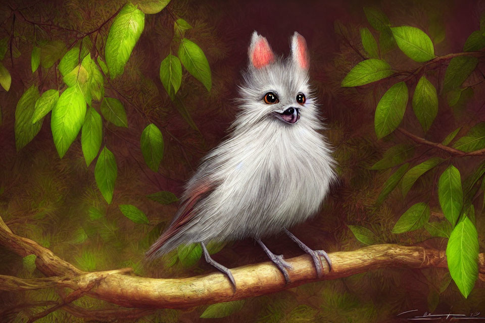 Fluffy white fantastical creature with cat-like face on tree branch