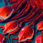 Colorful digital art: Red squids in blue water with floating tentacles