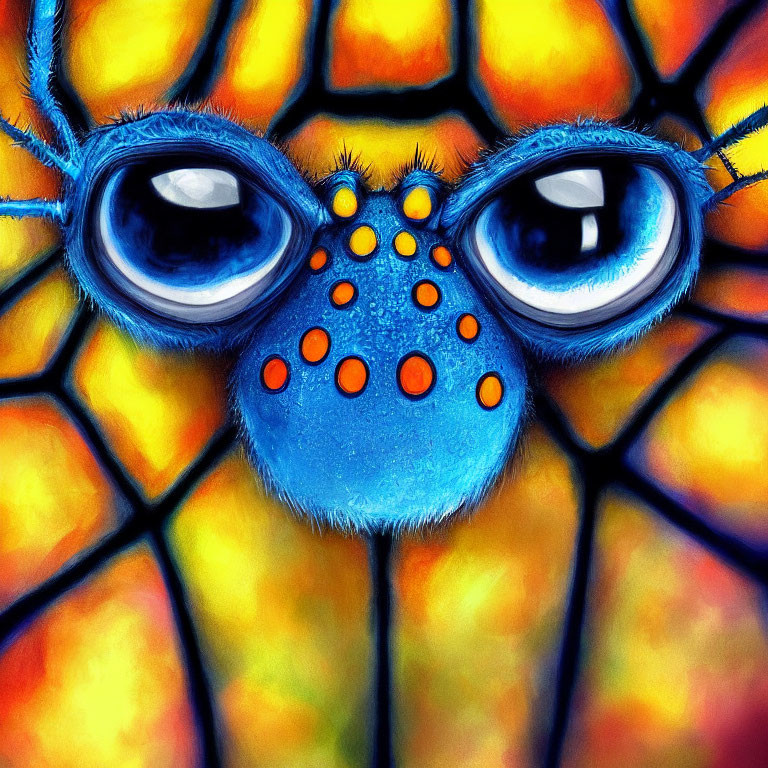 Vibrant close-up illustration of stylized spider face