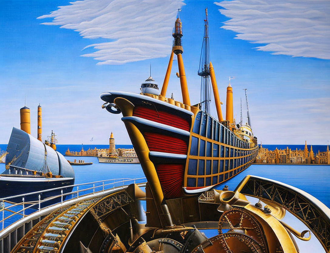 Surrealist painting: classical ship merged with architecture and machinery