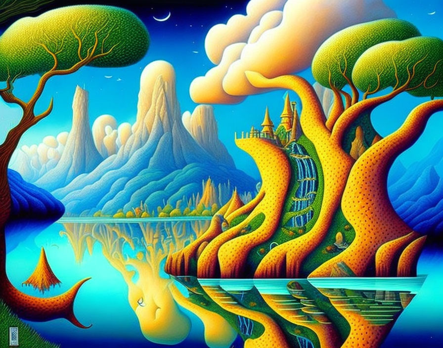 Surreal landscape with trees, castle, water, mountains, and starry sky