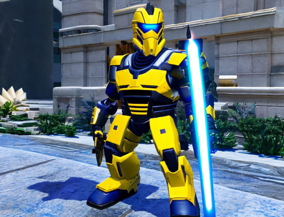 Futuristic armored character with blue energy sword in sunny plaza