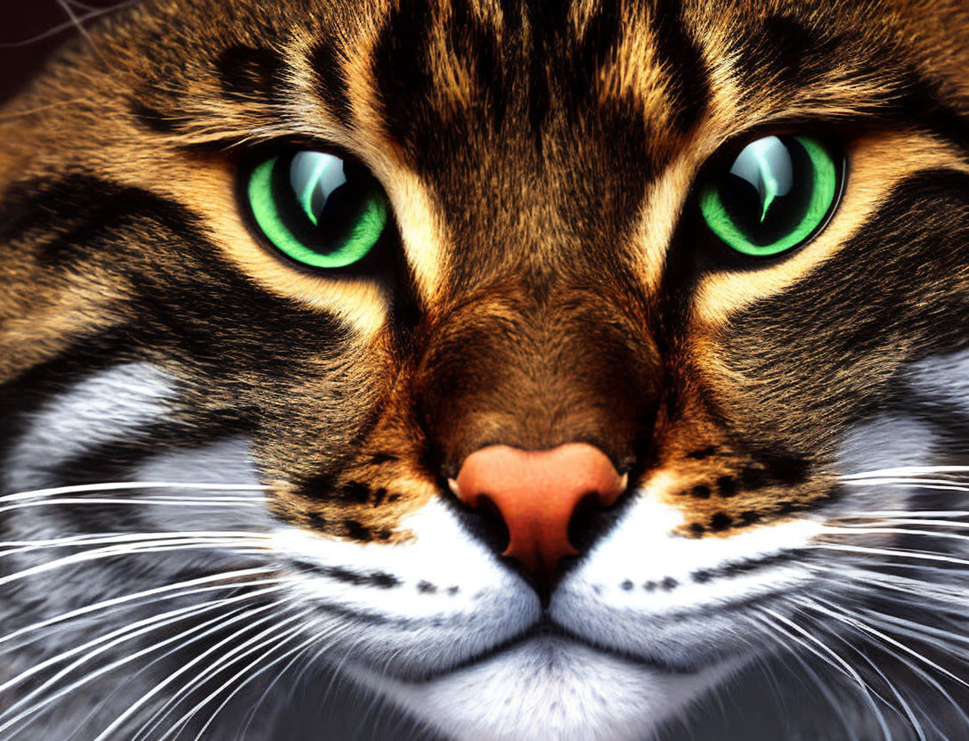 Striped Cat with Green Eyes and Pink Nose in Close-up Shot