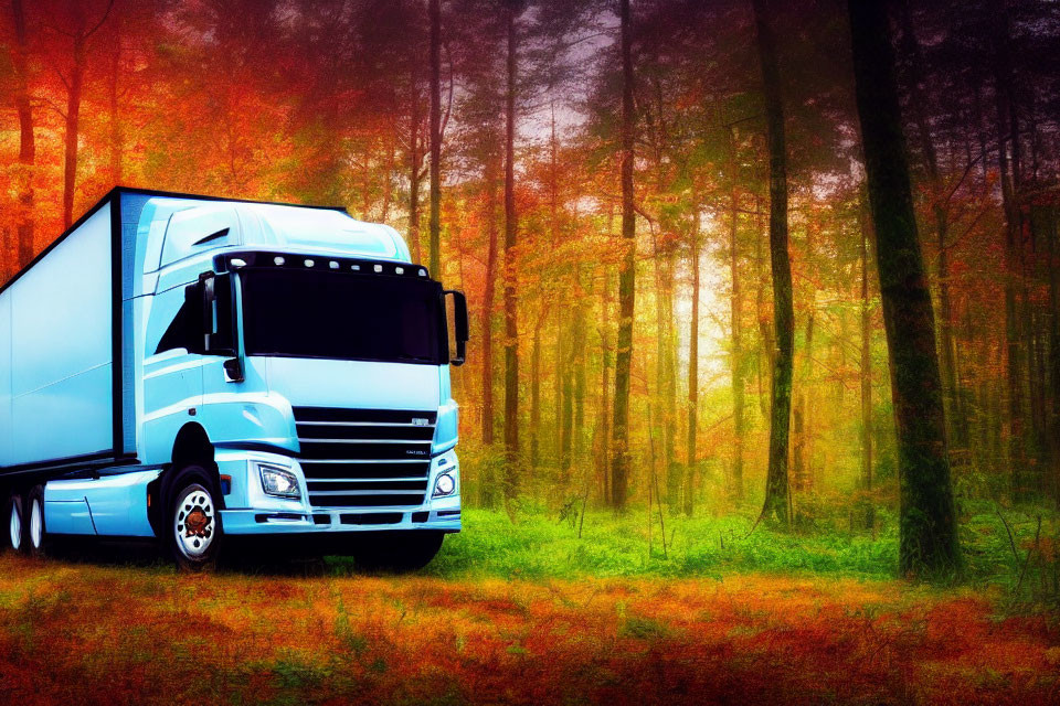 Blue semi-truck parked near vibrant autumn forest