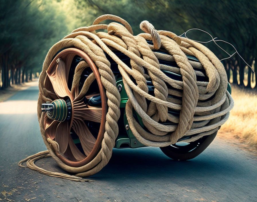 Thick rope spool on road with unwound portion by trees