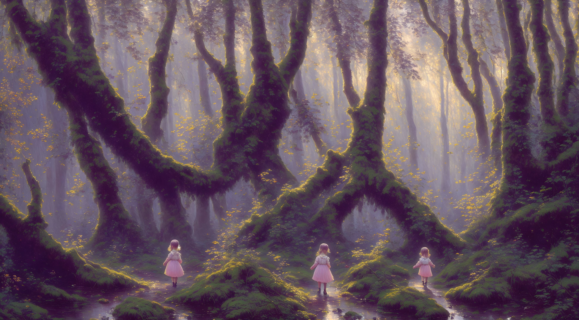 Three individuals in pink dresses explore enchanted forest with moss-covered trees