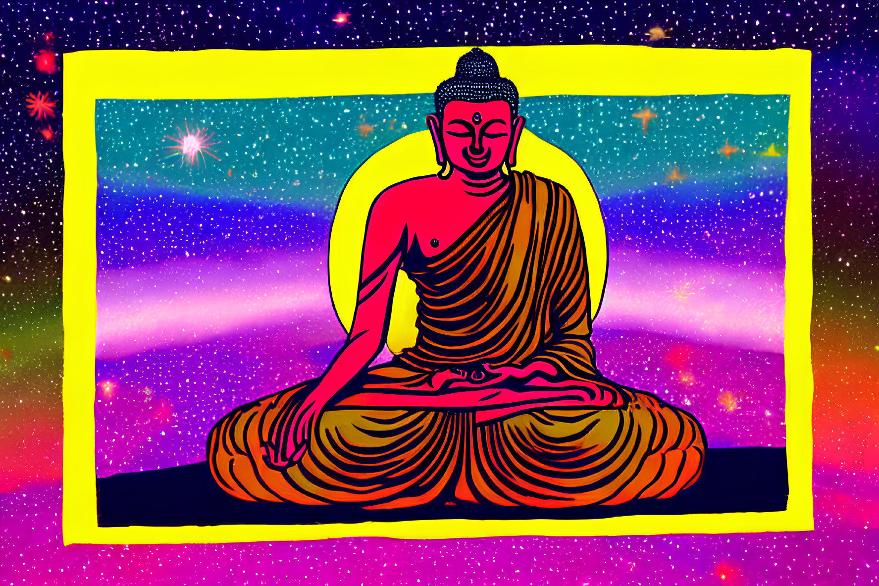 Illustration: Seated Buddha statue in cosmic setting with stars, nebulae, and radiant aura