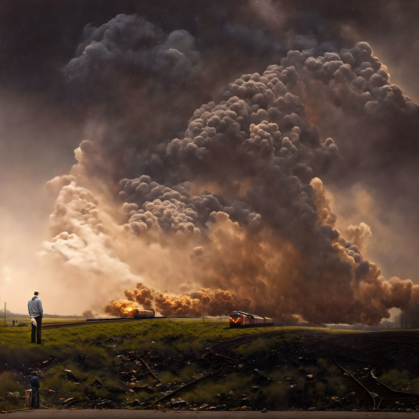 Massive smoke cloud over industrial fire seen from railway landscape