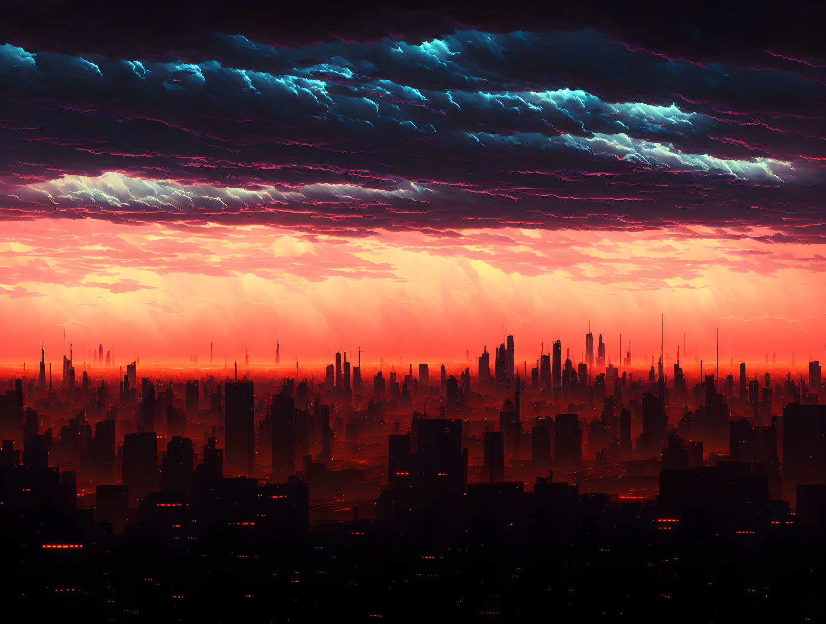 Apocalyptic city skyline under dramatic multicolored sky with ominous clouds