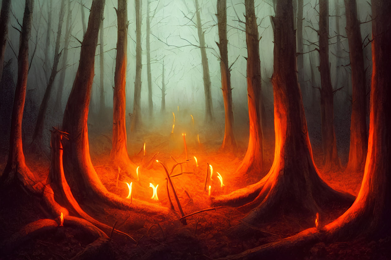 Enchanting forest with glowing trees, misty atmosphere, and gentle flames