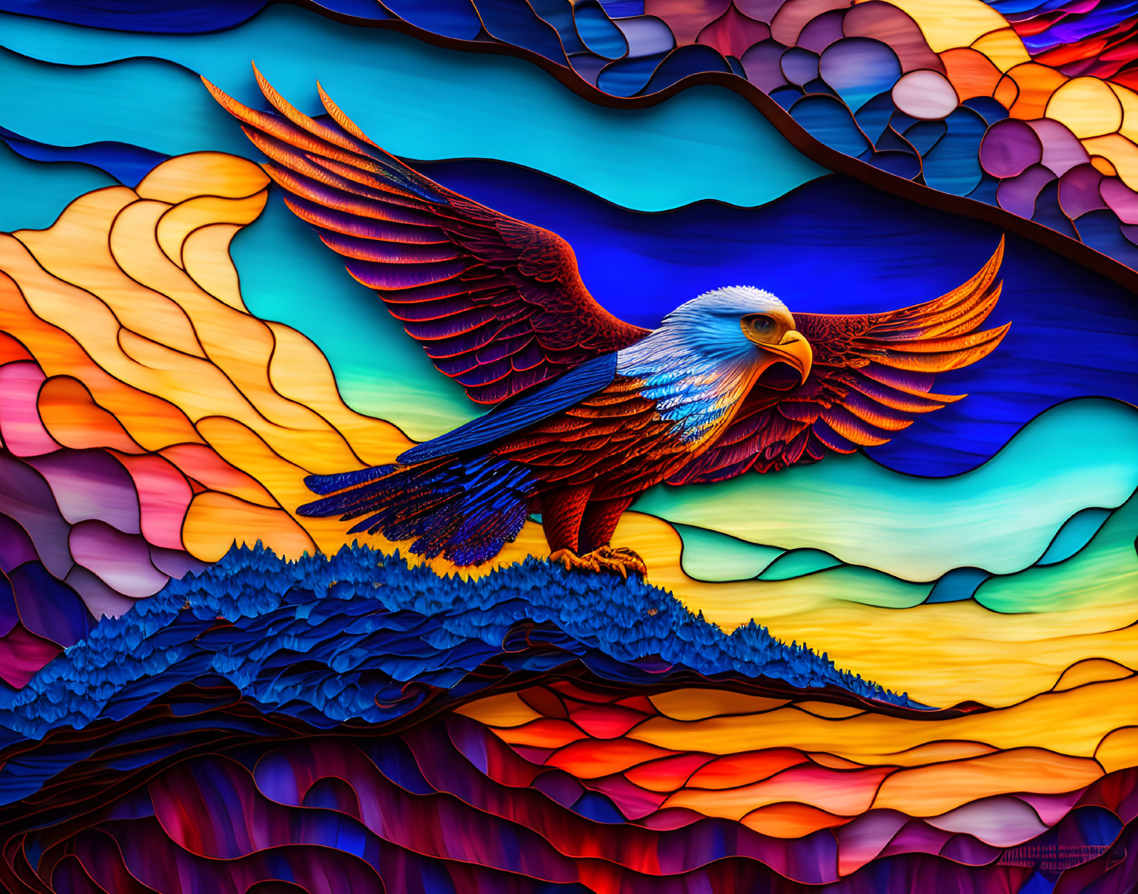 Colorful Digital Art: Stylized Eagle Soaring Amid Vibrant Waves