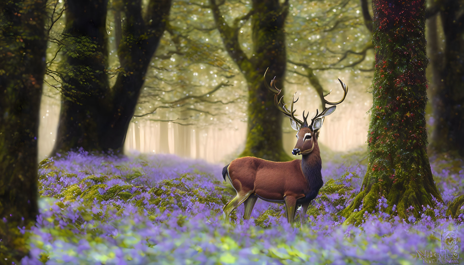 Majestic deer in forest with purple flowers and sunlight