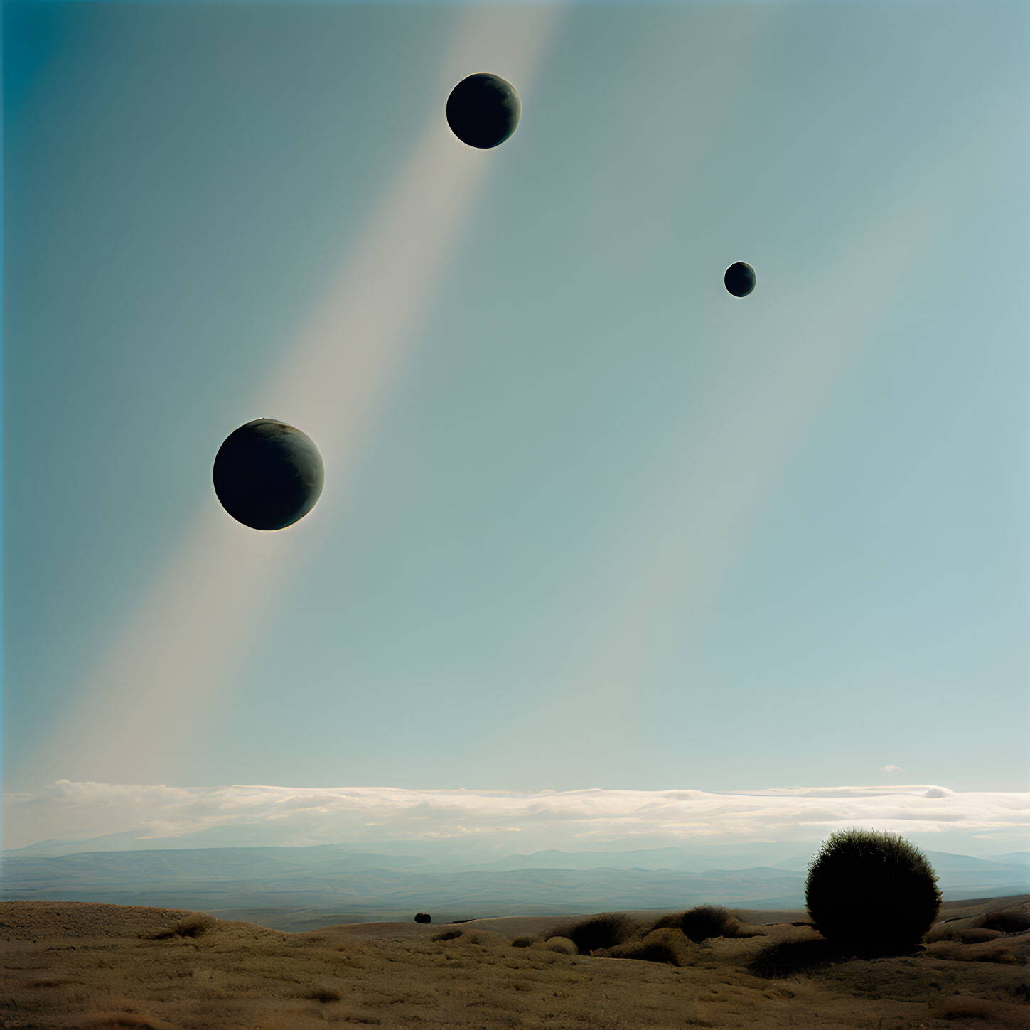 Surreal landscape with dark spheres in clear sky above rolling hills