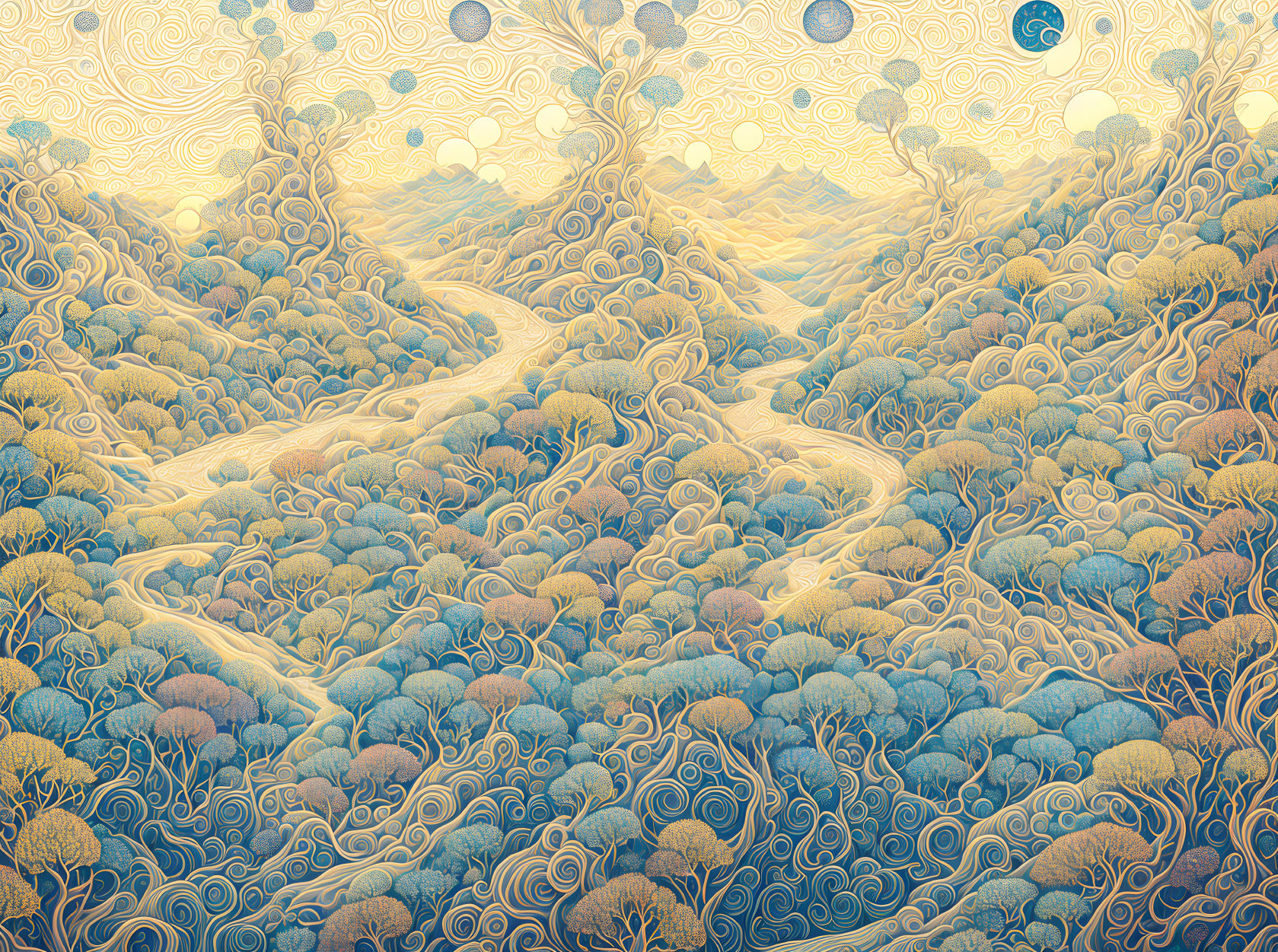 Surrealistic landscape with swirling tree patterns and balloon-like objects