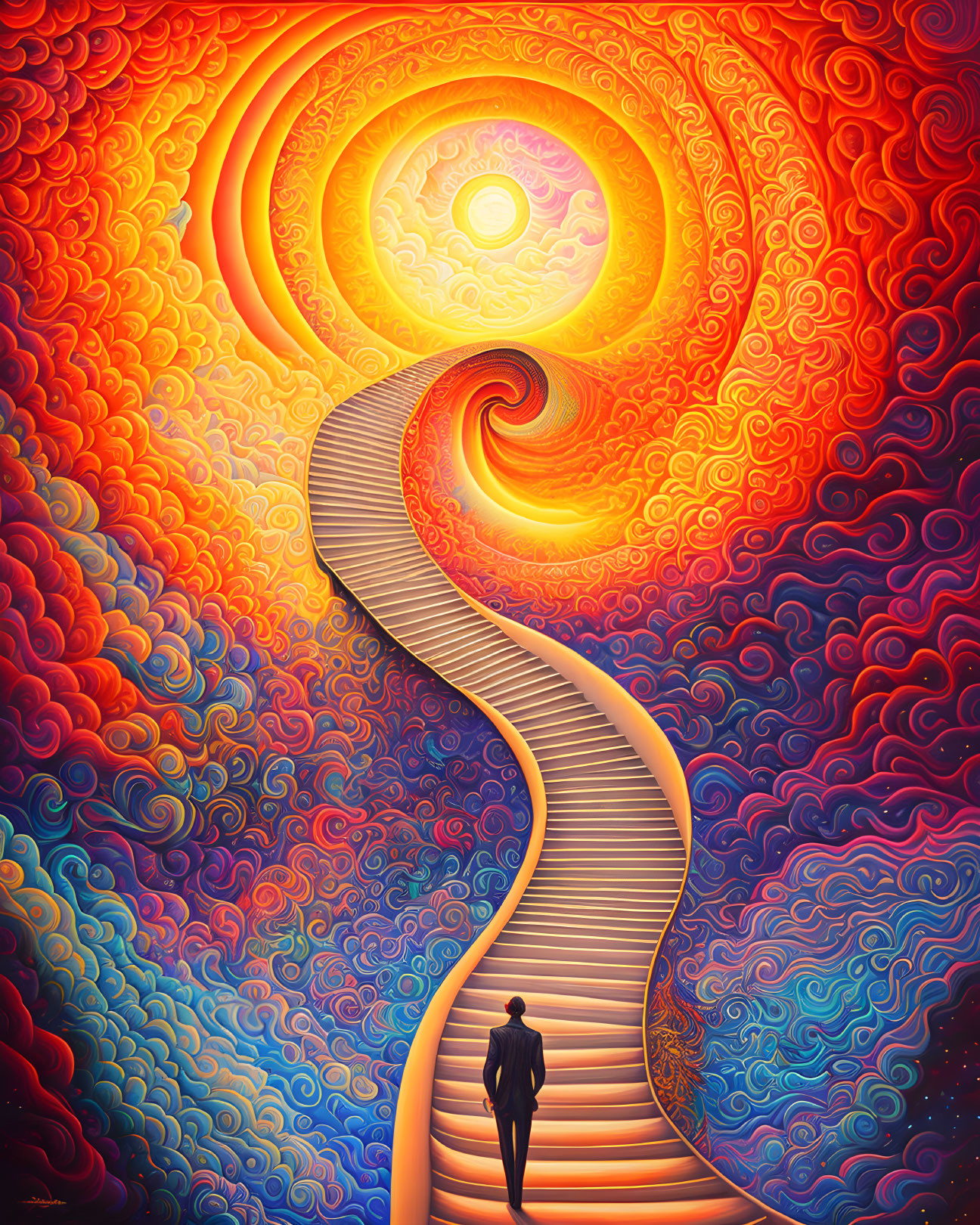 Vibrant swirling staircase with sun-like eye in orange, red, and blue.