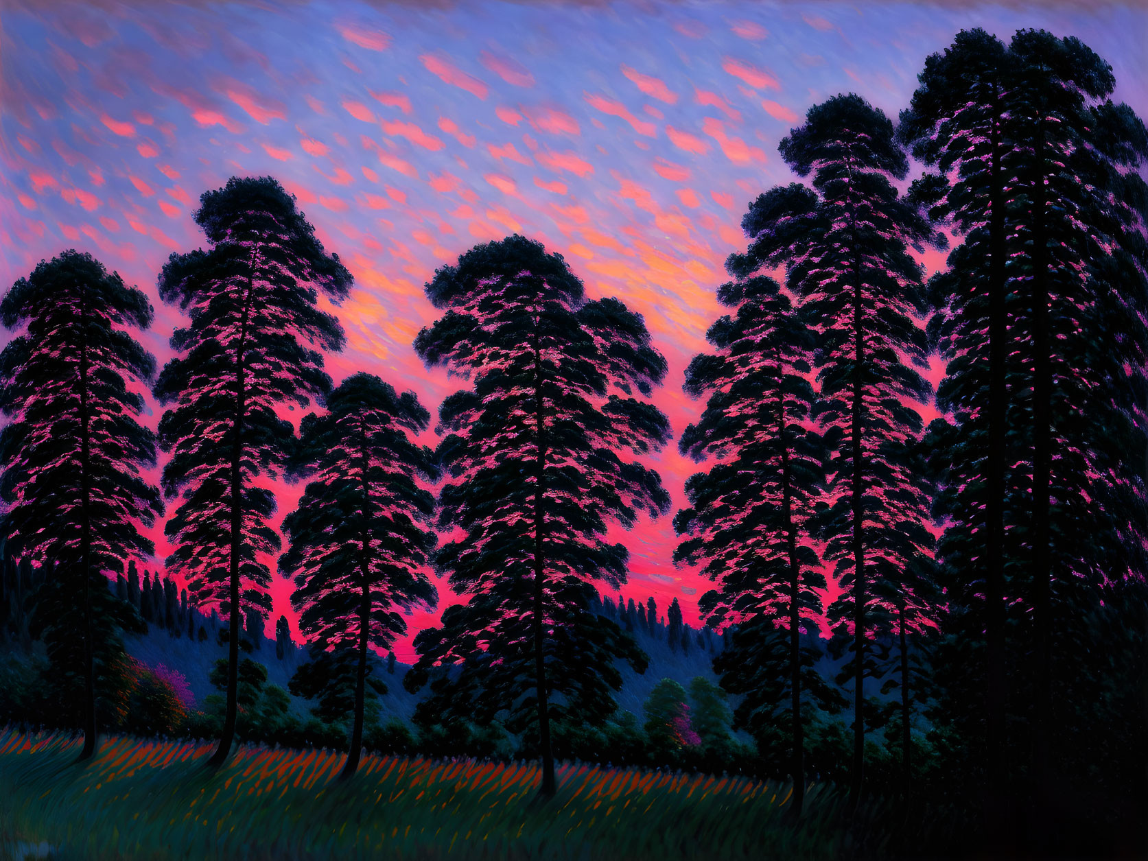 Colorful forest painting with tall trees under pink and blue sunset sky