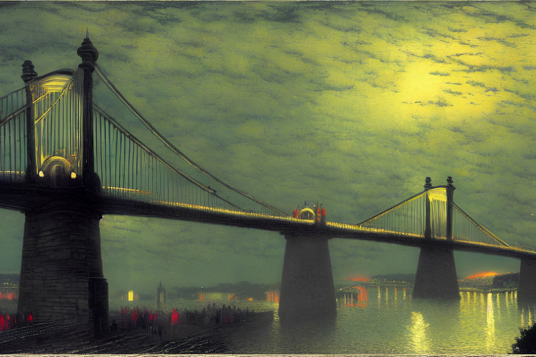 Suspension bridge at dusk with glowing sky and calm water reflections