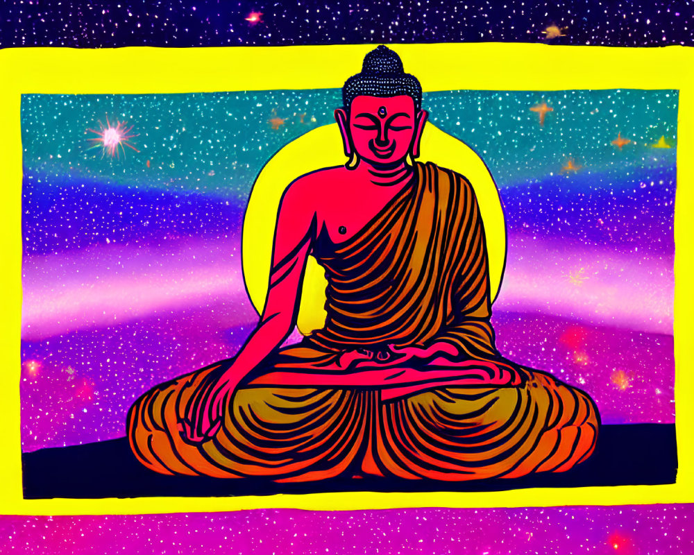 Illustration: Seated Buddha statue in cosmic setting with stars, nebulae, and radiant aura