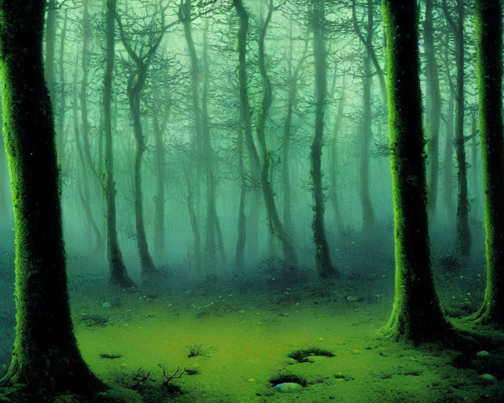 Mystical green forest with dense fog and tall trees