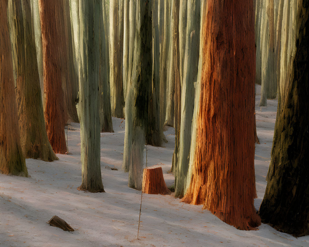 Forest scene: Sunlight filtering through dense trees, highlighting red-barked trunks and contrasting with cooler