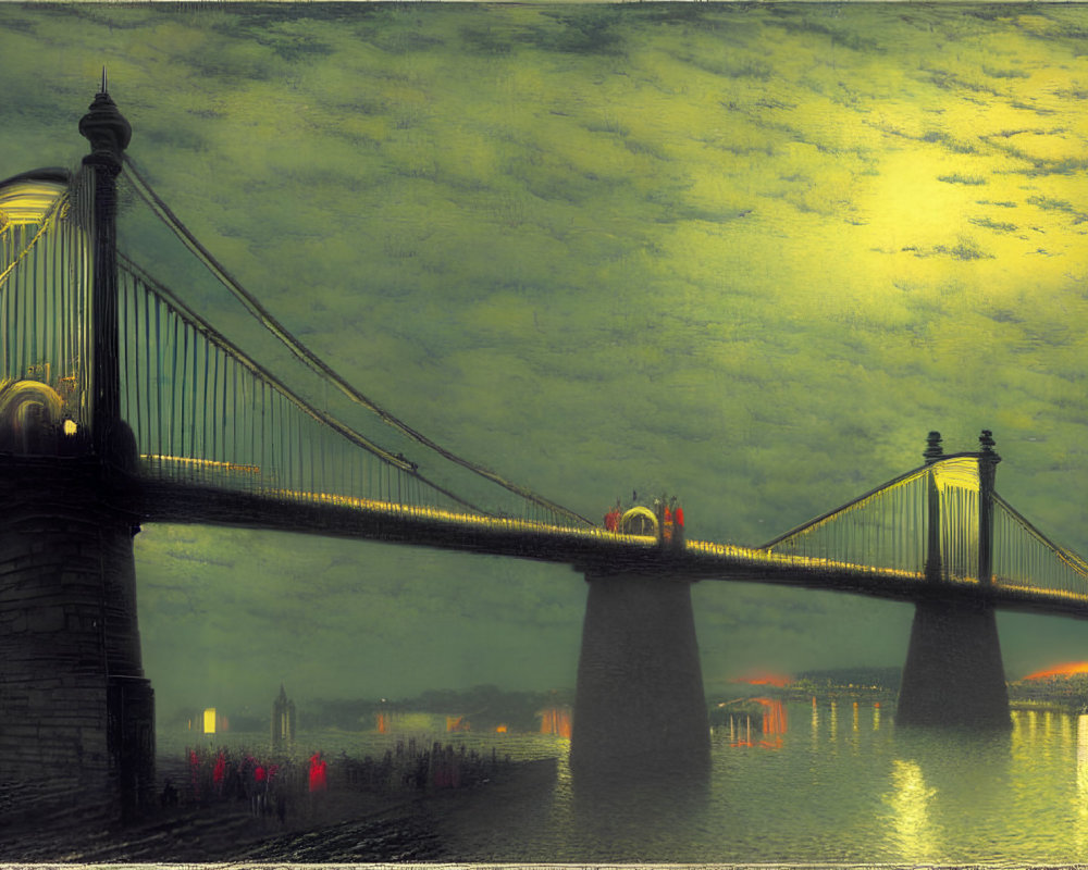 Suspension bridge at dusk with glowing sky and calm water reflections