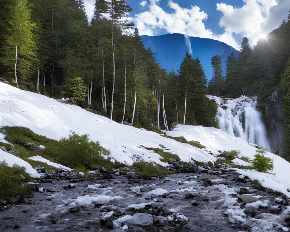 Winter landscape with snowy ground, rocky stream, waterfall, evergreen trees, and sunshine over mountain.