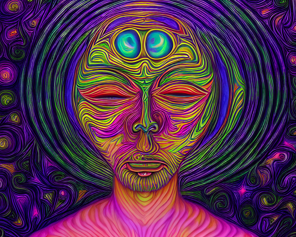 Colorful digital artwork: Human face with closed eyes and third eye, surrounded by psychedelic patterns