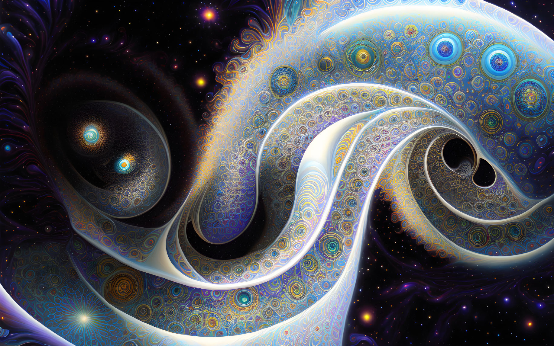 Colorful Fractal Image with Swirling Patterns and Cosmic Background