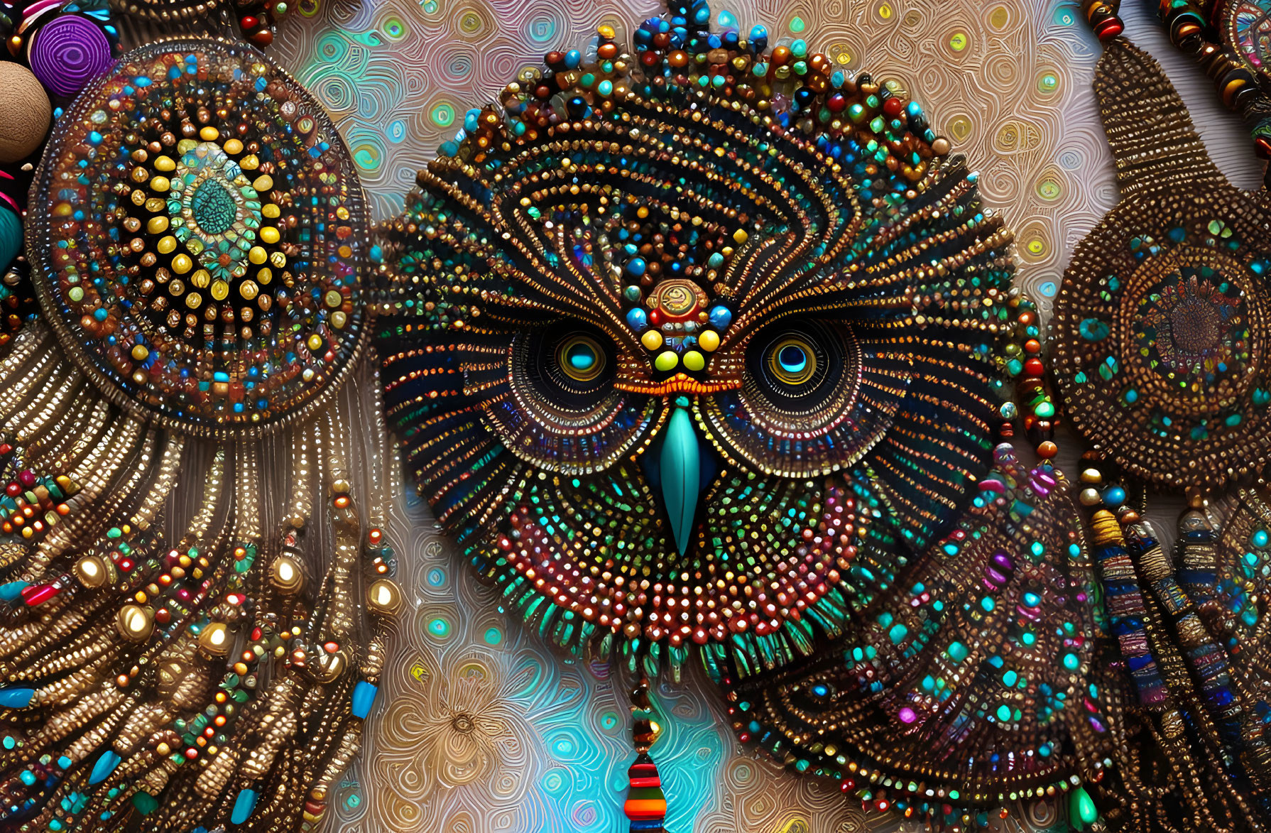 Stylized owl digital artwork with intricate patterns on vibrant, textured background